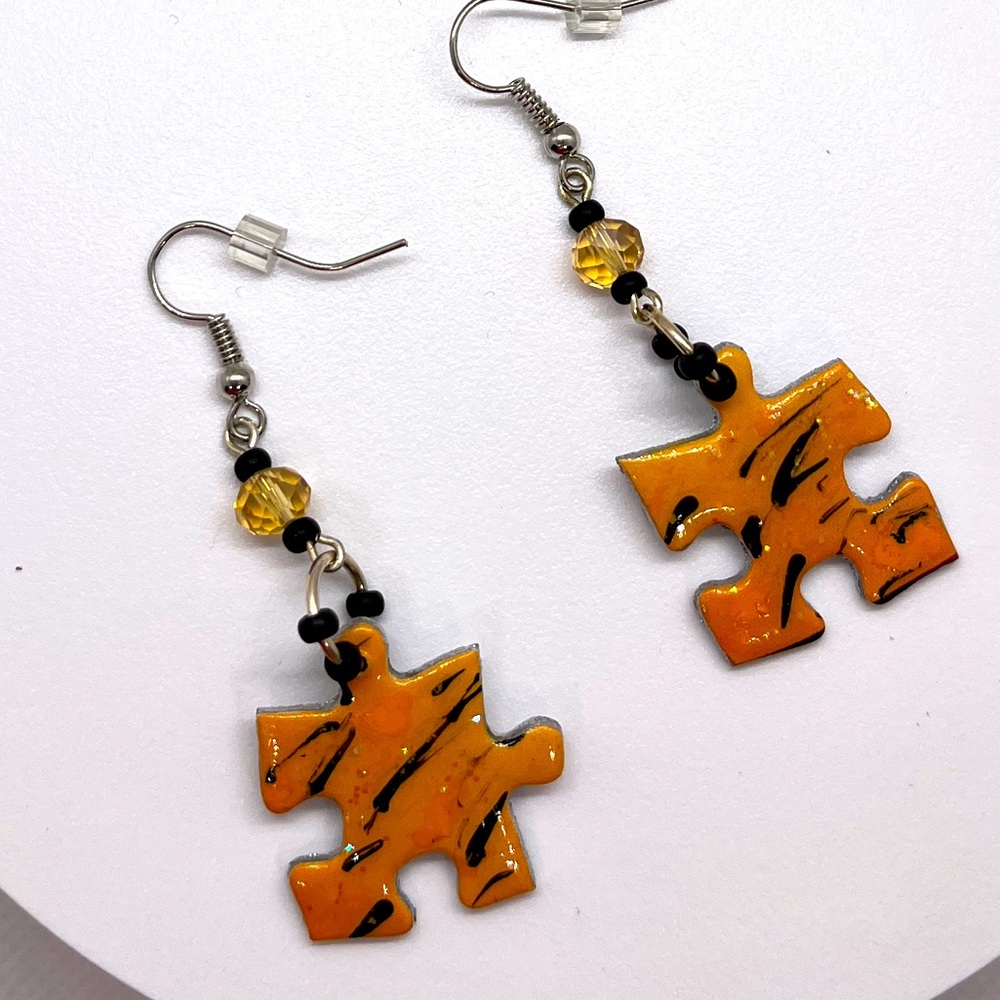 Earrings-Puzzle pieces, handcrafted, New, painted/sealed front/back